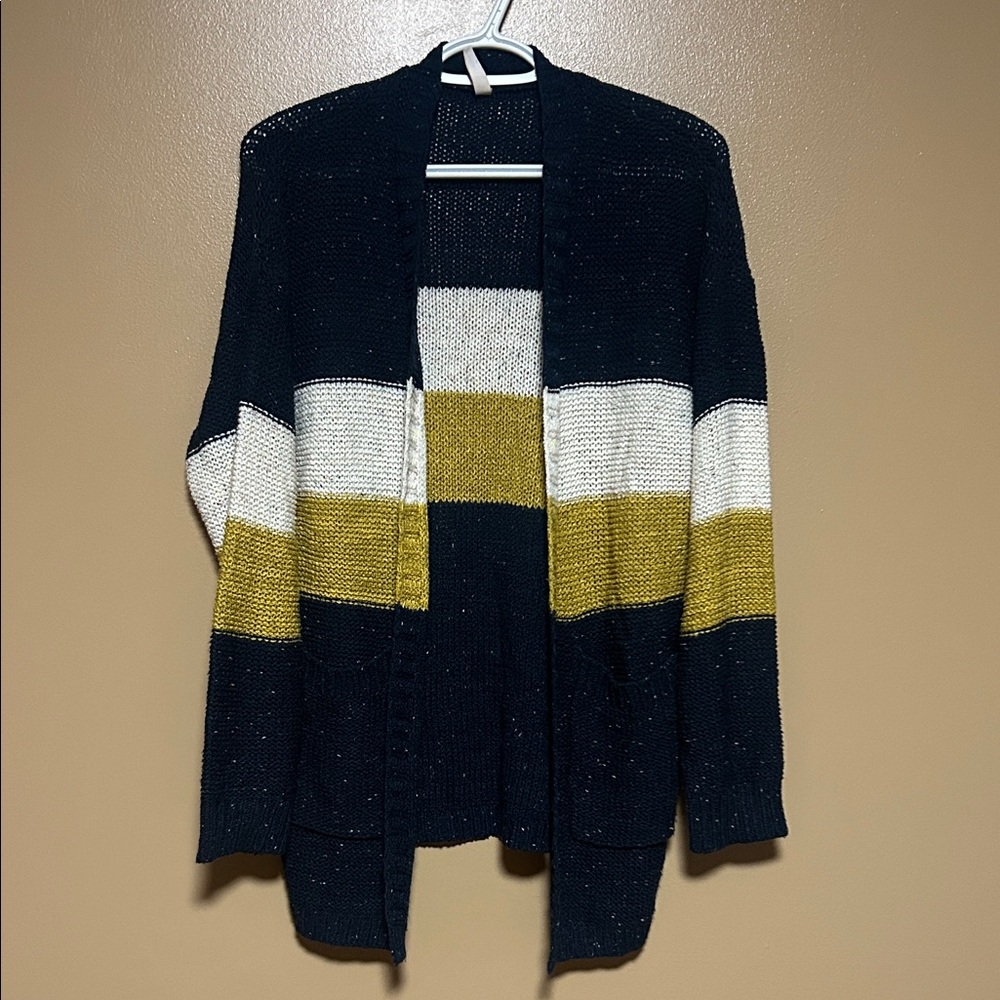 Wishlist Navy, White, and Mustard Cardigan